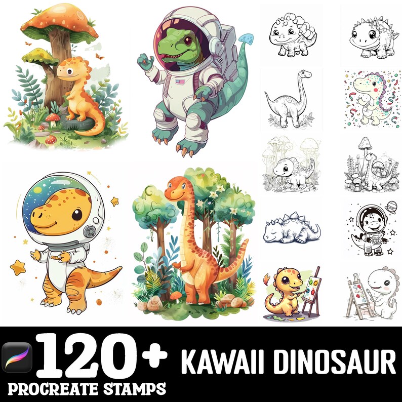 150+ Kawaii Dinosaur Procreate Brush Set | Stamps for Procreate ...
