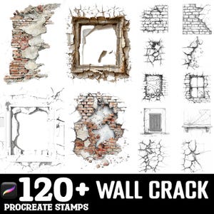 Può includere: Un set di oltre 120 timbri Procreate che presentano vari design di crepe al muro. I timbri includono muri di mattoni crepati, muri di gesso crepati e finestre crepate. I timbri sono perfetti per aggiungere un aspetto usurato o invecchiato alla tua arte digitale.