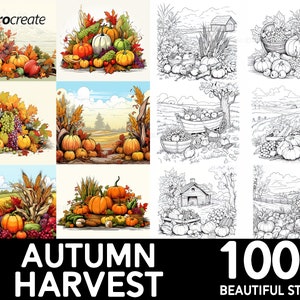 May include: A set of 100+ digital stamps featuring autumn harvest illustrations. The stamps include pumpkins, gourds, corn, apples, grapes, and other fall harvest elements. The stamps are perfect for adding a touch of autumn to your crafts, cards, and other projects.