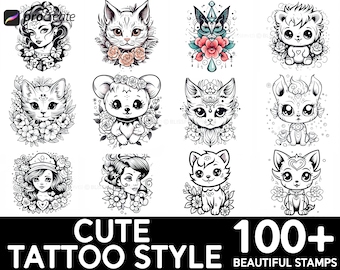100+ Cartoon Tattoo Procreate Brush Set | Unique Tattoo Style Stamp Brushes | Instant Digital Download