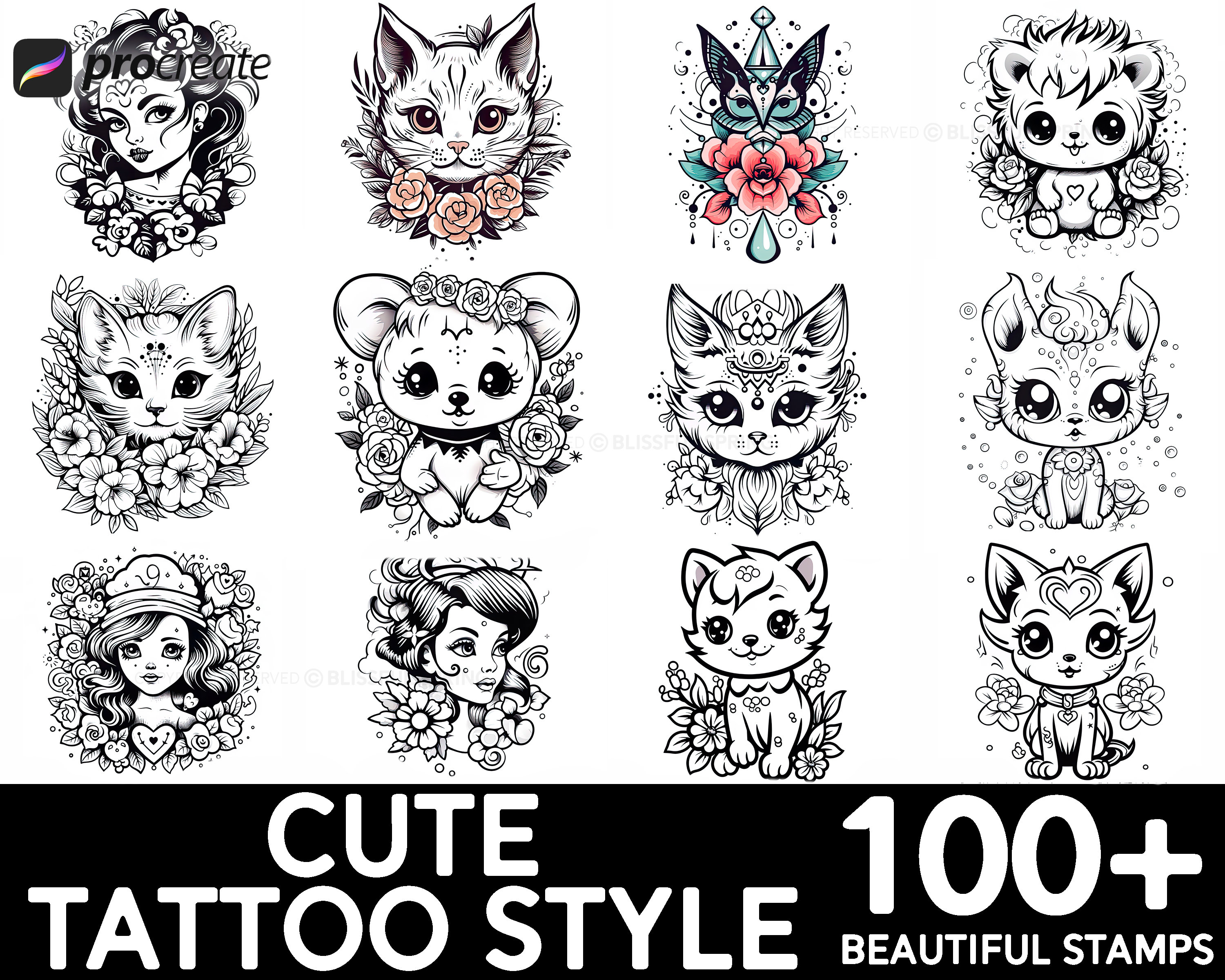 100+ Cartoon Tattoo Procreate Brush Set | Unique Tattoo Style Stamp ...