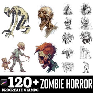 Może przedstawiać: Zestaw ponad 120 stempli Procreate z motywem horroru zombie, przedstawiający różne postacie zombie w czerni i bieli oraz w kolorze. Stempelki zawierają zombie z różnymi wyrażeniami twarzy, pozami i szczegółami, takimi jak zombie trzymający pluszowego misia, zombie z zakrwawioną twarzą i zombie z rozdartą koszulą.
