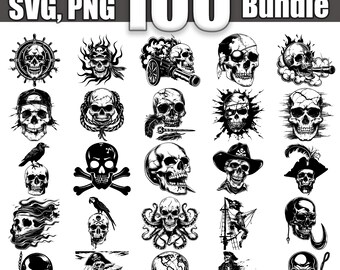 Paquete SVG de calavera pirata, juego de 100, descarga digital instantánea svg png dxf eps