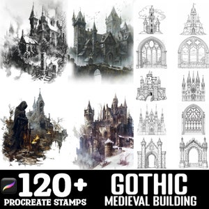 Más de 100 pinceles para Procreate de edificios góticos medievales / Pinceles de sellos para Procreate / Descarga digital instantánea