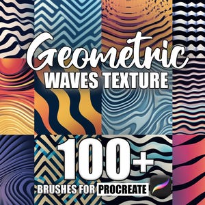 May include: A set of 100+ geometric wave brushes for Procreate. The brushes feature a variety of colors and patterns, including black and white, orange and yellow, and blue and purple.