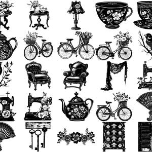 May include: A collection of black and white illustrations featuring various objects, including a teacup, a sewing machine, a bicycle, a bird, a fan, a key, a chair, a table, a lamp, and a window. The illustrations are in a vintage style and would be perfect for scrapbooking, card making, or other craft projects.