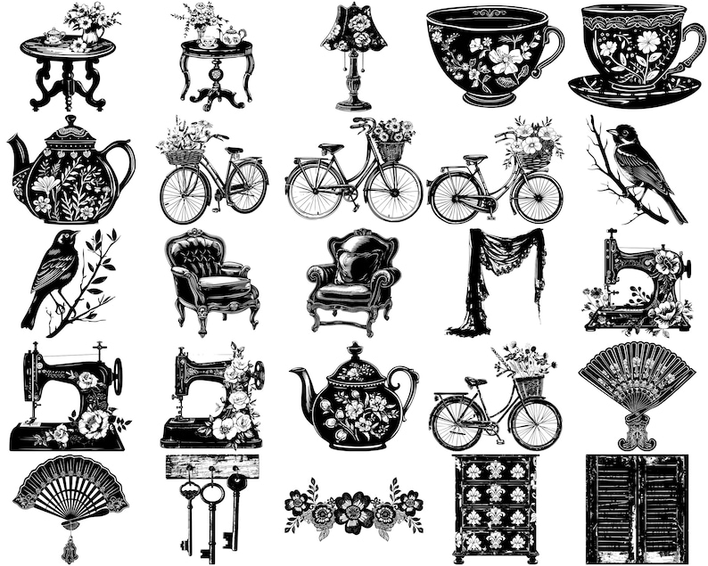 May include: A collection of black and white illustrations featuring various objects, including a teacup, a sewing machine, a bicycle, a bird, a fan, a key, a chair, a table, a lamp, and a window. The illustrations are in a vintage style and would be perfect for scrapbooking, card making, or other craft projects.