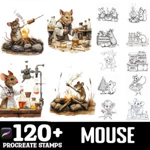 May include: A set of Procreate stamps showcasing charming illustrations of mice in different settings. The images depict mice cooking, experimenting in a lab, and other fun activities. The text reads "120+ MOUSE PROCREATE STAMPS".