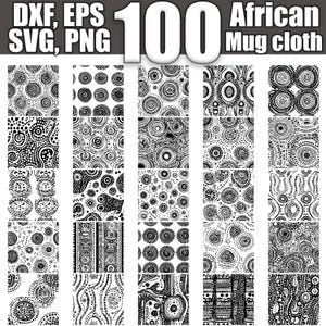 Könnte beinhalten: Ein Set mit 20 schwarzen und weißen afrikanisch inspirierten Designs für Geschirrhandtücher. Die Designs zeigen verschiedene Muster aus Kreisen, Punkten und Linien.