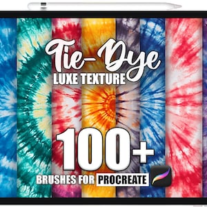 Op de afbeelding: Een digitale illustratie van een tabletscherm waarop een set van meer dan 100 tie-dye-kwasten voor Procreate wordt weergegeven. De afbeelding toont een verscheidenheid aan kleurrijke tie-dye-patronen in blauw, groen, geel, rood en paars.