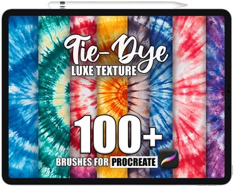Op de afbeelding: Een digitale illustratie van een tabletscherm waarop een set van meer dan 100 tie-dye-kwasten voor Procreate wordt weergegeven. De afbeelding toont een verscheidenheid aan kleurrijke tie-dye-patronen in blauw, groen, geel, rood en paars.