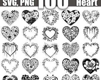 May include: A collection of 100+ floral heart designs in black and white. The designs are perfect for crafting, scrapbooking, and other creative projects.