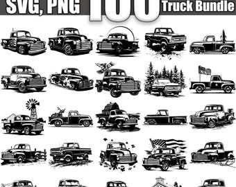 May include: A collection of 100+ black and white silhouette illustrations of Chevrolet trucks. The trucks are in various poses, including driving, parked, and with different accessories. The illustrations are perfect for crafting, scrapbooking, and other creative projects.