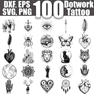 May include: A collection of 100 black and white dotwork tattoo designs. The designs include animals, plants, geometric shapes, and other abstract designs.