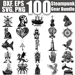 Zestaw Steampunk Gear SVG, zestaw 100, natychmiastowe pobieranie cyfrowe svg png dxf eps