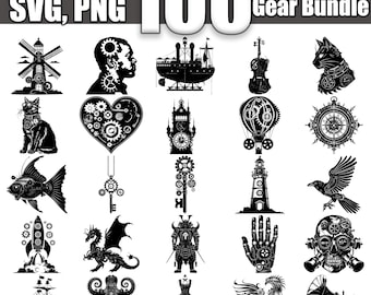 Paquete SVG de engranajes Steampunk, juego de 100, descarga digital instantánea svg png dxf eps
