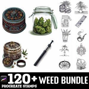 May include: A set of 120+ Procreate stamps featuring illustrations of various cannabis-related items, including grinders, jars, pipes, and plants. The stamps are in black and white and color.