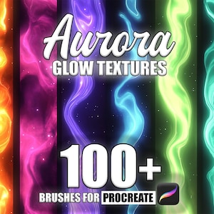 Könnte beinhalten: Eine digitale Illustration von bunten, leuchtenden Texturen mit dem Text "Aurora Glow Textures 100+ Brushes for Procreate" in Weiß. Die Texturen sind in Orange-, Rosa-, Blau-, Grün- und Violetttönen gehalten.