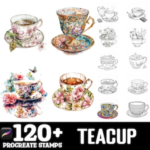 Può includere: Un set di oltre 120 timbri Procreate con vari design di tazze da tè. I timbri includono una varietà di stili, colori e motivi, tra cui motivi floreali, geometrici e fantasiosi. I timbri sono perfetti per aggiungere un tocco di eleganza e fascino ai tuoi progetti di arte digitale.