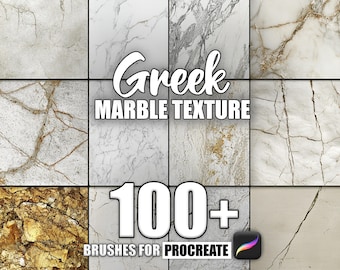 May include: A digital art product featuring a collection of marble textures. The image displays a grid of marble patterns in various shades of white, gray, and gold. Text reads "Greek Marble Texture" and "100+ Brushes for Procreate".
