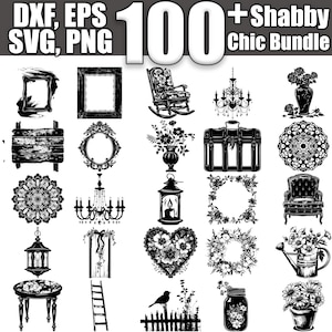 May include: A collection of 100+ black and white silhouette images in a shabby chic style. The images include frames, chandeliers, lanterns, rocking chairs, wreaths, a watering can, a birdhouse, a table, a ladder, and more.