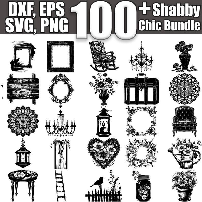 May include: A collection of 100+ black and white silhouette images in a shabby chic style. The images include frames, chandeliers, lanterns, rocking chairs, wreaths, a watering can, a birdhouse, a table, a ladder, and more.
