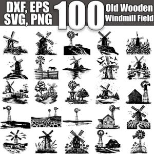 Oude houten windmolenveld SVG-bundel: 100 rustieke boerderijontwerpen (digitale download)