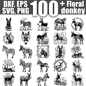 Pode incluir: Uma coleção de mais de 100 designs de silhueta de burro floral em preto e branco. Os designs apresentam burros com padrões florais e coroas. Os designs são perfeitos para artesanato, scrapbooking e outros projetos criativos.