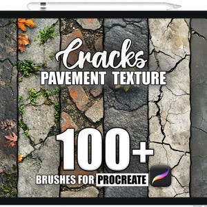 Op de afbeelding: Een digitale illustratie van gebarsten bestratingtexturen. De afbeelding toont een verscheidenheid aan bestratingtexturen, waaronder gebarsten beton, baksteen en asfalt. De tekst "Cracks Pavement Texture" en "100+ Brushes for Procreate" wordt weergegeven op de afbeelding.