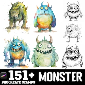 May include: A set of 151+ watercolor and line art monster illustrations. The illustrations are in various colors, including green, blue, yellow, and orange. The monsters have different features, such as horns, teeth, and eyes. The illustrations are perfect for creating digital stamps for use in Procreate.