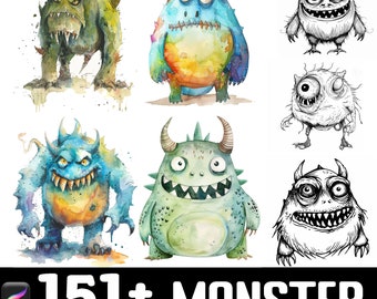 May include: A set of 151+ watercolor and line art monster illustrations. The illustrations are in various colors, including green, blue, yellow, and orange. The monsters have different features, such as horns, teeth, and eyes. The illustrations are perfect for creating digital stamps for use in Procreate.