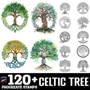 May include: A set of 120+ Celtic tree digital stamps for Procreate. The stamps feature intricate designs of trees with Celtic knots and various color palettes, including green, blue, and brown.
