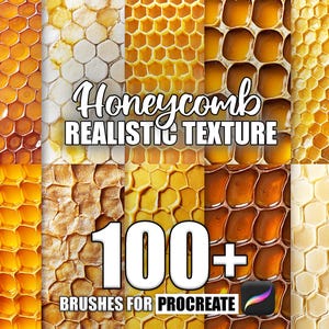 Può includere: Un'illustrazione digitale di una texture a nido d'ape con il testo "Honeycomb Realistic Texture 100+ Brushes for Procreate" in bianco su sfondo nero.