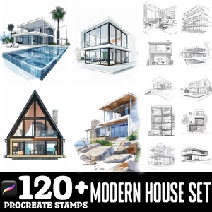 May include: A set of 120+ modern house illustrations for Procreate. The illustrations are in black and white and feature a variety of house styles, including contemporary, minimalist, and traditional.
