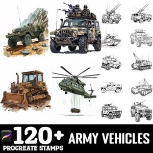 100+ Army Vehicles Procreate Brush Set | Procreate Stamp Brushes | Instant Digital Download