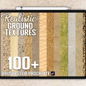 Könnte beinhalten: Der Bildschirm eines digitalen Tablets zeigt eine Sammlung von über 100 realistischen Bodentexturen für Procreate. Die Texturen umfassen Sand, Kies, Gras und andere natürliche Oberflächen.