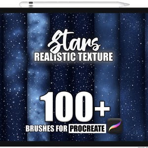 May include: A digital illustration of a tablet screen displaying a set of 100+ star brushes for Procreate. The image features a dark blue background with white stars and a text overlay that reads "Stars Realistic Texture 100+ Brushes for Procreate".