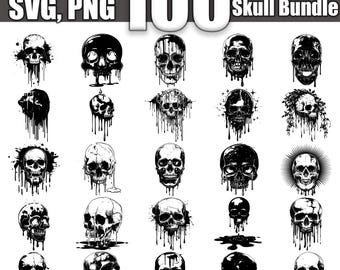 May include: A collection of 100 black and white dripping skull illustrations. The skulls are in various poses and styles, with some featuring dripping paint or other decorative elements.  The text "DXF, EPS, SVG, PNG" and "100 Dripping Skull Bundle" is visible at the top of the image.