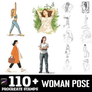 May include: A set of 110+ digital stamps featuring various poses of women. The stamps are designed for use in Procreate, a popular digital art app. The image shows a variety of poses, including standing, sitting, lying down, and more.