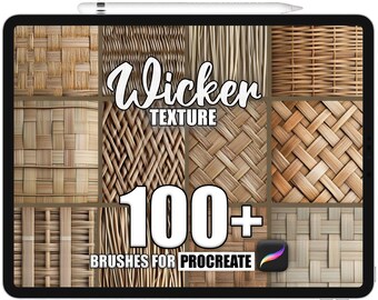 May include: A digital illustration of a tablet screen displaying a collection of 100+ wicker texture brushes for Procreate. The image shows a variety of woven wicker patterns in different colors and textures.
