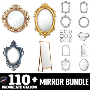 以下が含まれることがあります： 110種類以上のProcreateスタンプセットで、さまざまな鏡のデザインが揃っています。スタンプには、金、銀、青の装飾的なフレーム、シンプルな幾何学模様、ダイヤモンドが含まれています。