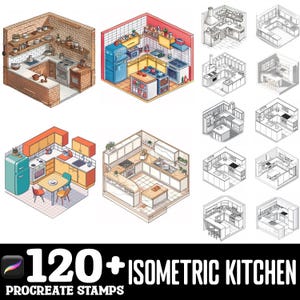 Puede incluir: Más de 120 sellos isométricos de cocina para Procreate. Un conjunto de sellos digitales que presentan varios diseños de cocina en estilo isométrico. Los sellos son perfectos para crear ilustraciones, fondos y patrones.