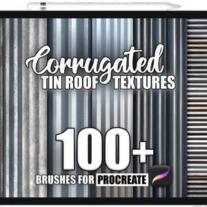 Peut inclure: Une tablette numérique affiche diverses textures de toiture en tôle ondulée. Le texte indique "Corrugated Tin Roof Textures" et "100+ Brushes for Procreate".
