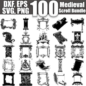 May include: A set of 100 black and white vector illustrations of medieval scrolls. The scrolls are in various styles, including ornate frames, banners, and simple scrolls. The set includes a variety of designs, such as castles, crowns, and other medieval imagery.