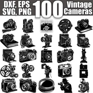 Könnte beinhalten: Eine Sammlung von 100 Vintage-Kamera-Illustrationen in Schwarzweiß. Die Kameras sind detailliert gezeichnet und umfassen verschiedene Arten von Kameras, wie z. B. Filmkameras, Entfernungsmesser und Großbildkameras.