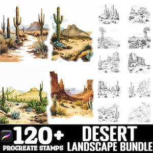 May include: A collection of Procreate stamps featuring desert landscapes. The image showcases watercolor paintings and line drawings of cacti, mesas, and desert scenes. The text reads "120+ Desert Landscape Bundle".