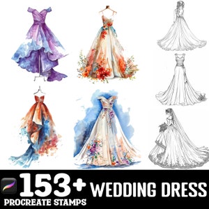 Puede incluir: Un conjunto de más de 153 ilustraciones de vestidos de novia en acuarela para Procreate. Las ilustraciones presentan una variedad de estilos, que incluyen vestidos de bola, vestidos de línea A y siluetas de sirena. Los vestidos están decorados con patrones florales, encaje y otros adornos.