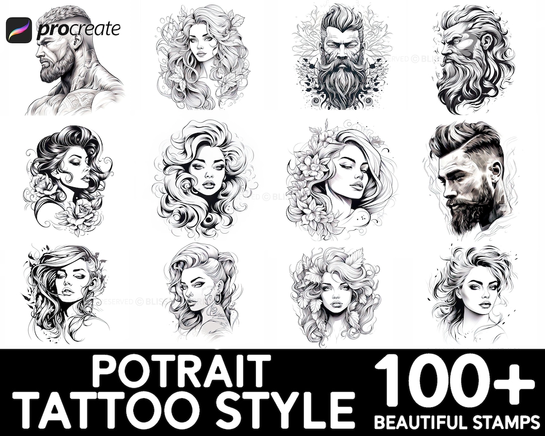 100+ Portrait Tattoo Procreate Brush Set | Unique Tattoo Style Stamp ...