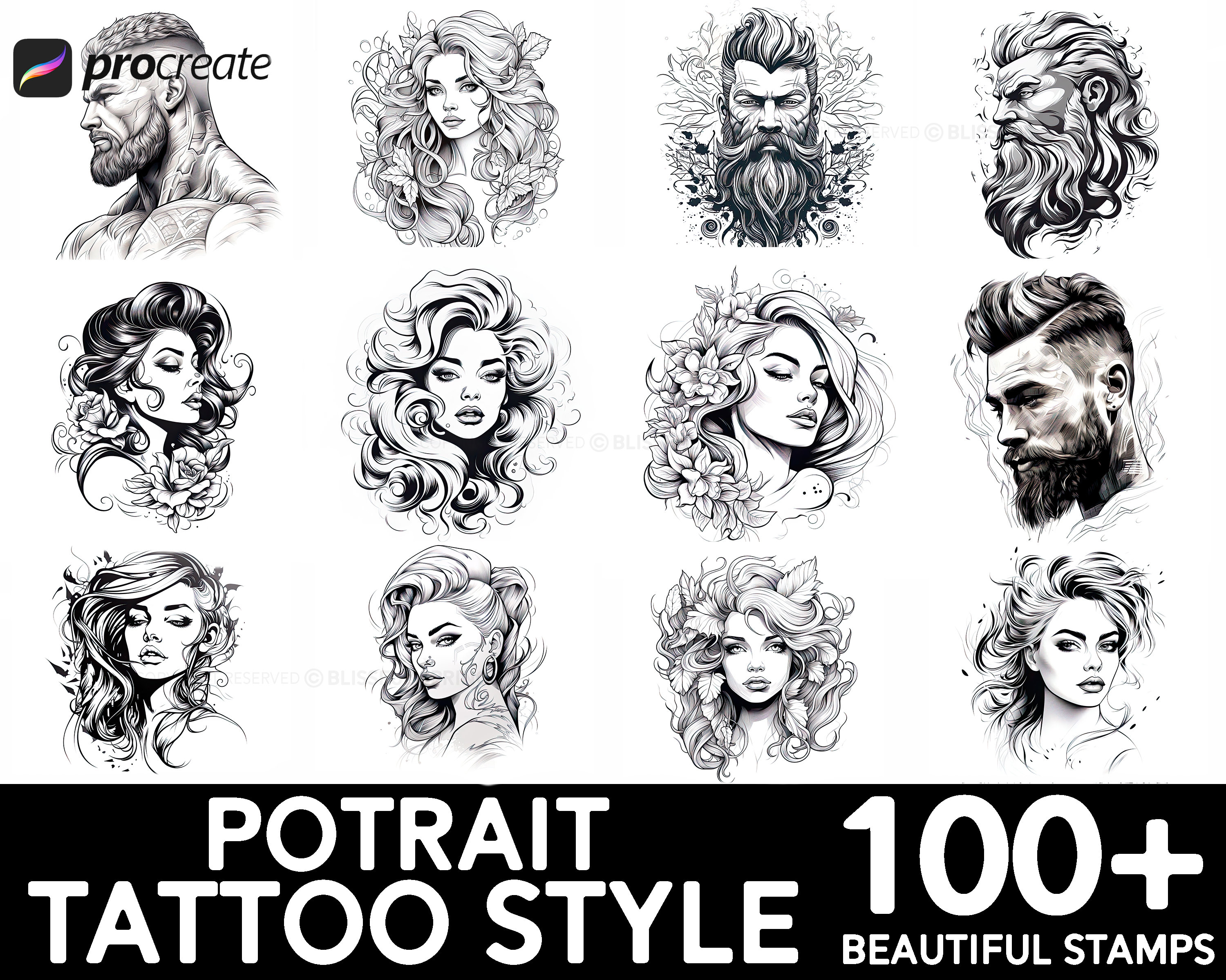 100+ Portrait Tattoo Procreate Brush Set | Unique Tattoo Style Stamp ...