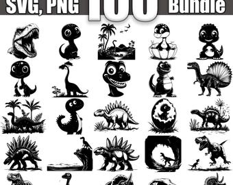 Könnte beinhalten: Eine Sammlung von 100 Schwarzweiß-Dinosaurier-Illustrationen. Die Illustrationen umfassen verschiedene Dinosaurier, wie zum Beispiel einen Tyrannosaurus Rex, einen Stegosaurus, einen Triceratops und einen Brachiosaurus. Die Illustrationen sind im Cartoon-Stil gehalten und eignen sich perfekt für die Verwendung in Bastelarbeiten, Scrapbooking oder digitalem Design.
